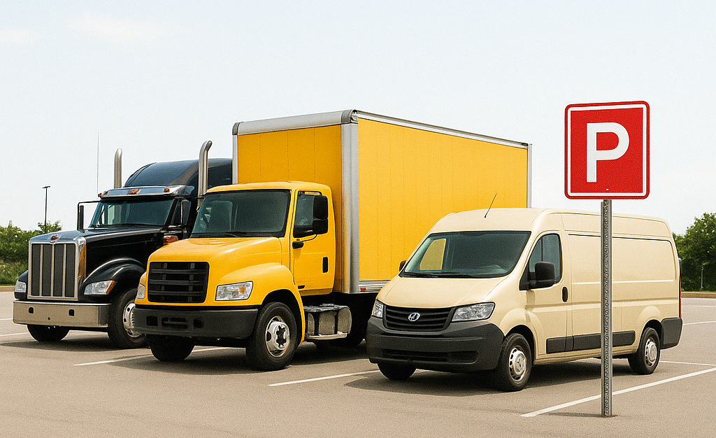 Commercial trucks and vans parked securely at CisFord ParkZone in Long Island