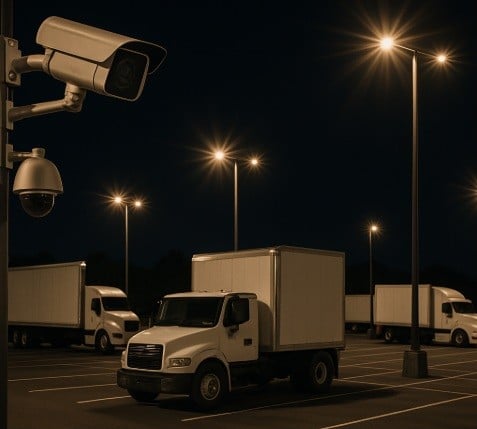 Nighttime security cameras monitoring commercial trucks at CisFord ParkZone in Long Island